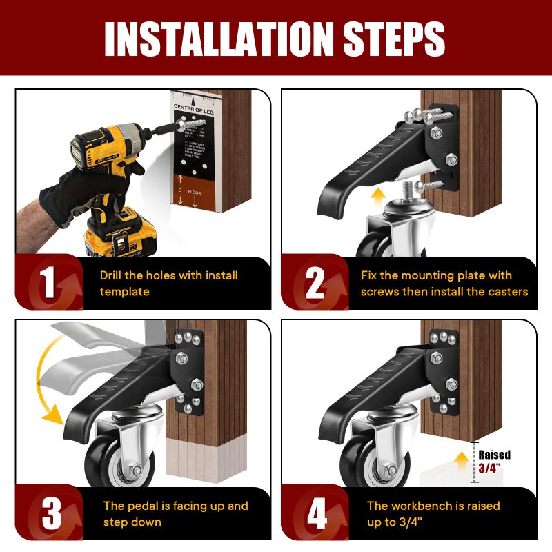 SPACECARE Retractable Workbench Casters Kit, Heavy Duty Workbenches Wheeels with 600 lbs Capacity, Adjustable Workbench Casters for Workbenches, Tables, and Cabinets, Easy to Install 4 Pack - Image 3